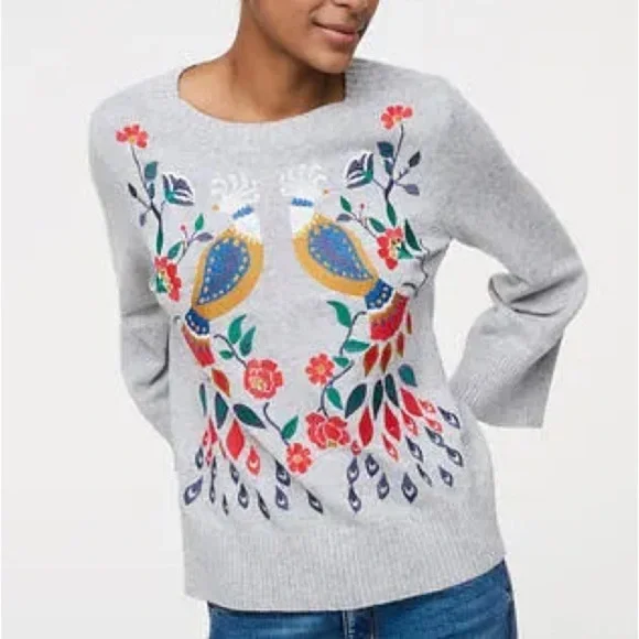 Loft Embroidered Floral Bird PEACOCKS Art deco Sweater Wool Blend L bell sleeves - Picture 10 of 11